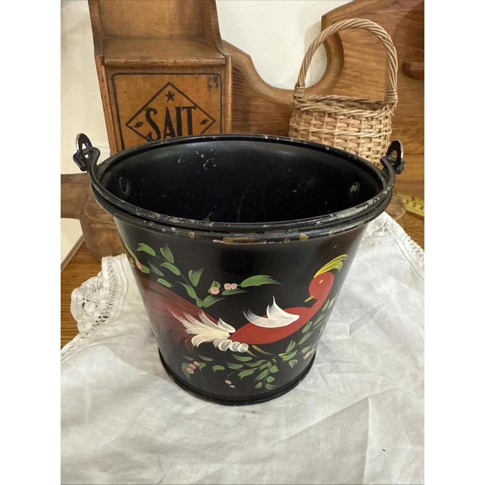 VTG Hand Painted Tole Pail Bucket Bird Folk Art Shabby Country Farm Primitive - Picture 2 of 9